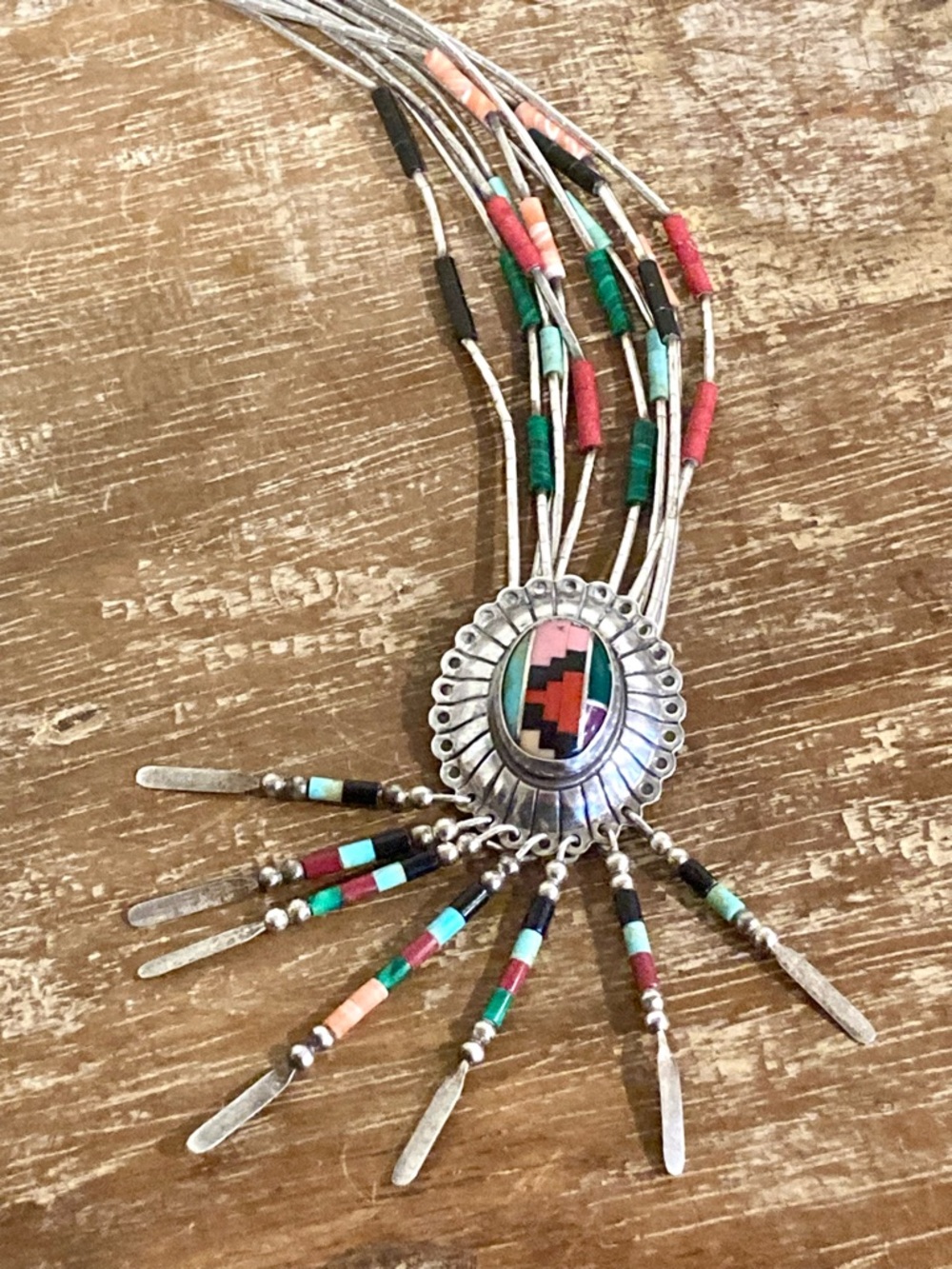 Southwestern Style Inlay Statement Necklace Y2K Style Sterling Silver QT Quoc - Picture 3 of 16